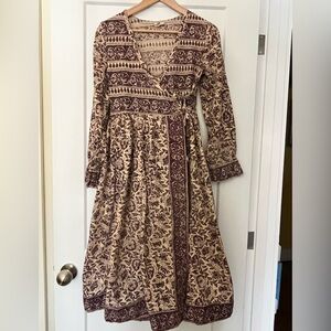 Vintage Indian Cotton Block-Printed Floral Wrap Midi/Maxi Dress Cream Brown S